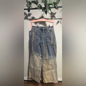 Fashion Nova Two-Tone Denim Pants with Fringe